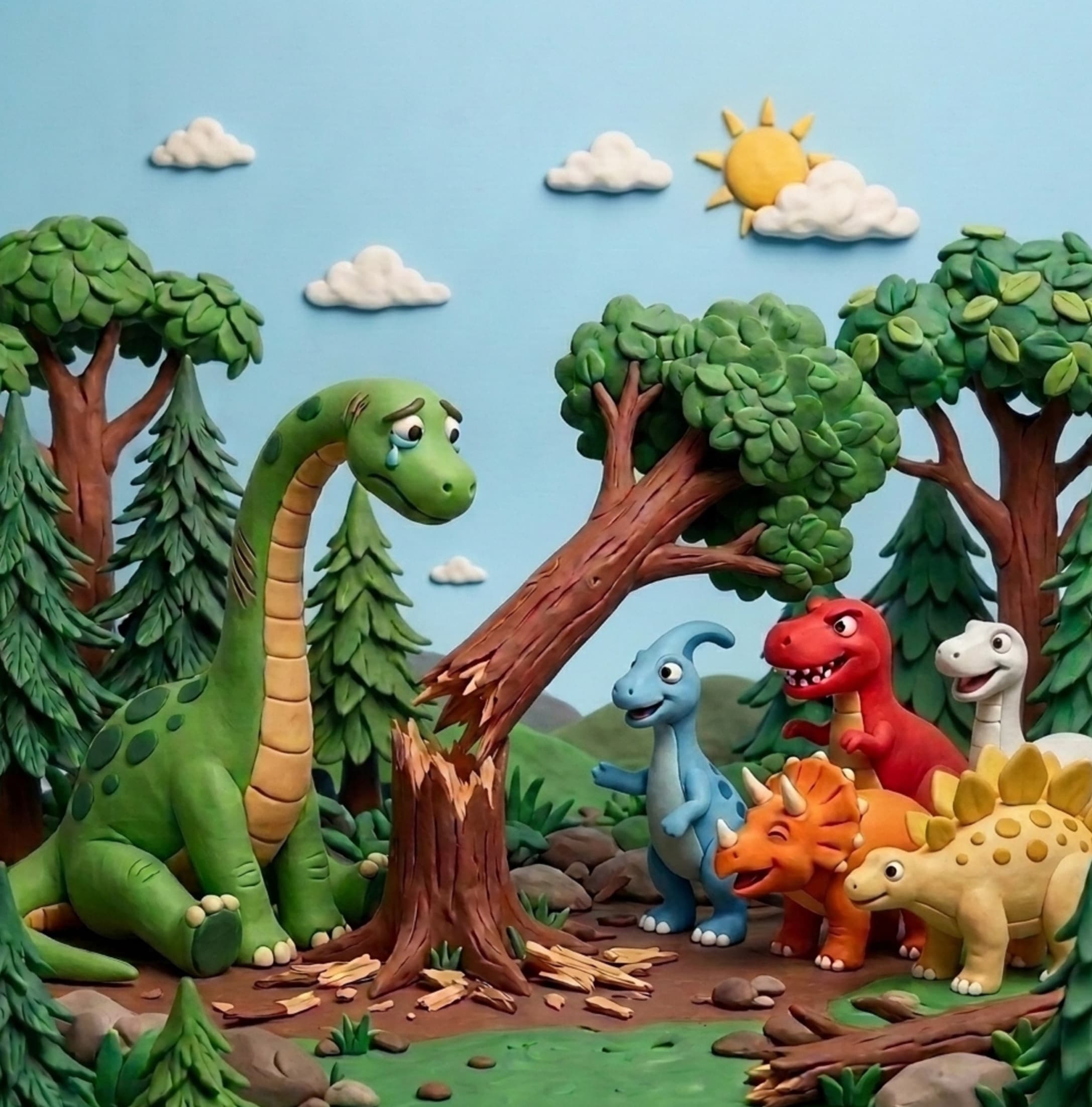 Other dinosaurs making fun of Purpose because he is so clumsy.